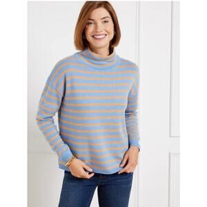 Talbots Metallic Stripe Turtleneck Sweater L Blue Tan Knit Winter Classic Preppy